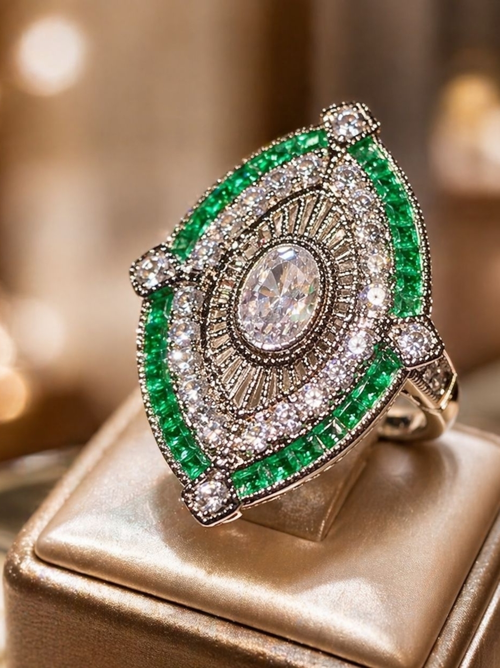 Vintage-Inspired Green And White Marquise Cocktail Ring